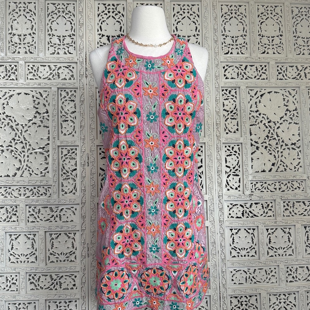 Anthropologie Pink Teal Crochet Floral Tank Dress